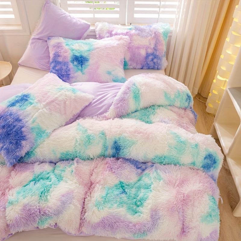 [Tie Dye Duvet Set] 3pcs Y2K Tie Dye Plush Duvet Cover Set - Soft & Warm Bedding Set - 1 Duvet Cover + 2 Pillowcase