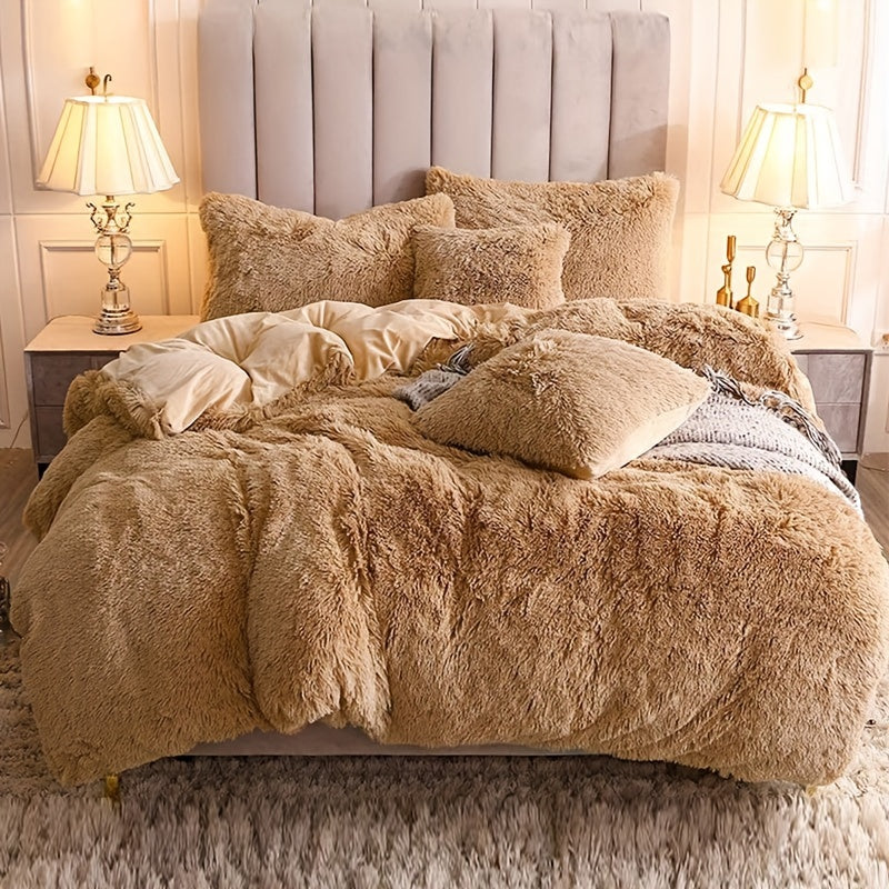 3pcs Multicolor Polyester Long-Hair Duvet Cover Set | Solid Color, Knitted, Zipper Closure, Plush Fabric, All-Season Comfort