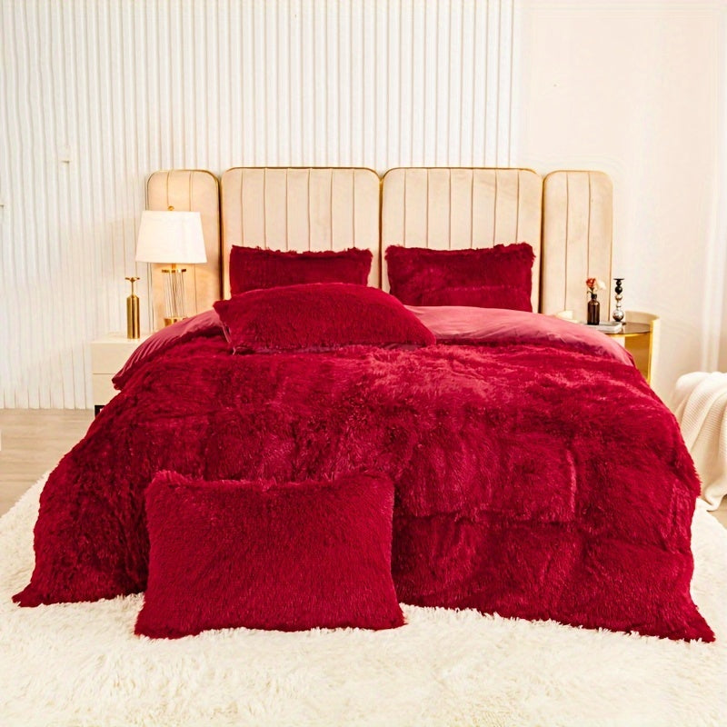 3pcs Multicolor Polyester Long-Hair Duvet Cover Set | Solid Color, Knitted, Zipper Closure, Plush Fabric, All-Season Comfort