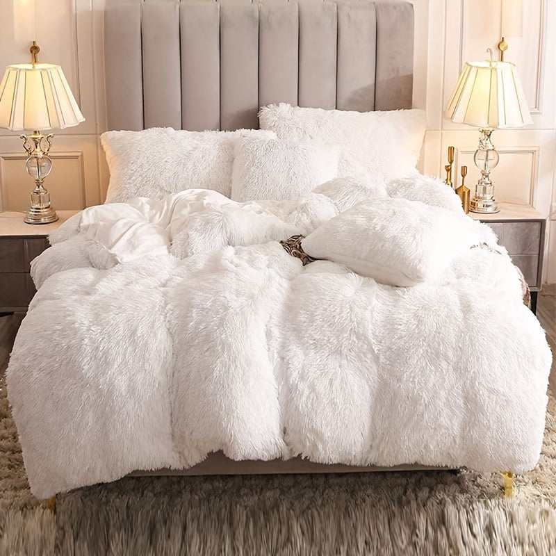 3pcs Multicolor Polyester Long-Hair Duvet Cover Set | Solid Color, Knitted, Zipper Closure, Plush Fabric, All-Season Comfort