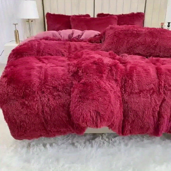 3pcs Multicolor Polyester Long-Hair Duvet Cover Set | Solid Color, Knitted, Zipper Closure, Plush Fabric, All-Season Comfort