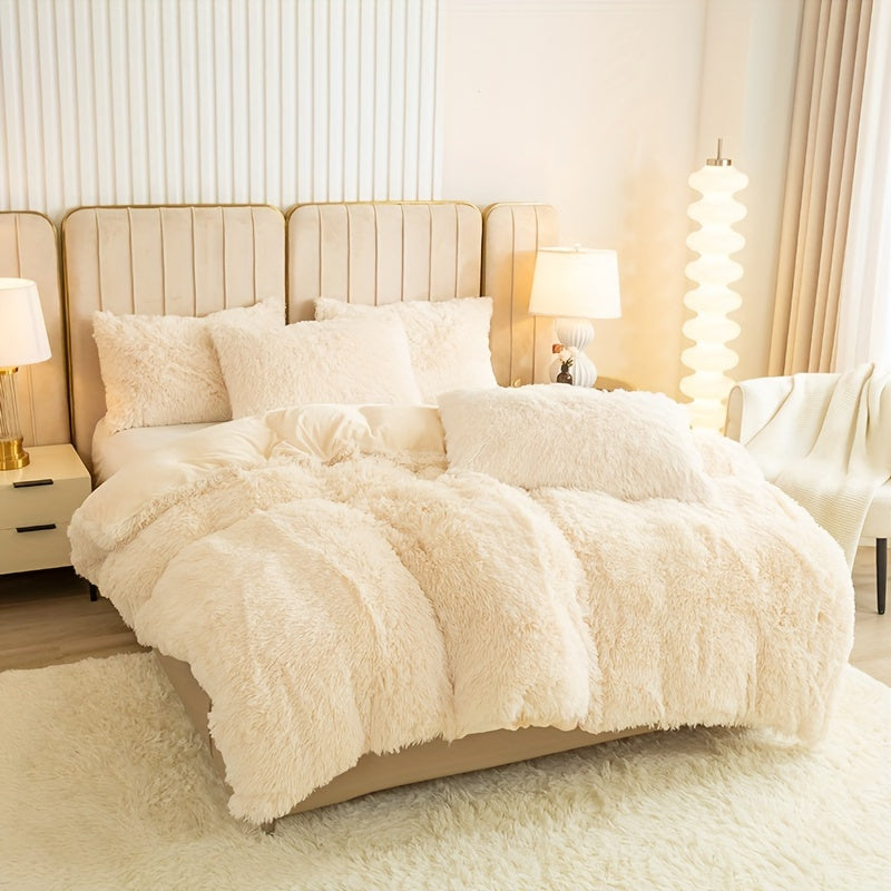 3pcs Multicolor Polyester Long-Hair Duvet Cover Set | Solid Color, Knitted, Zipper Closure, Plush Fabric, All-Season Comfort