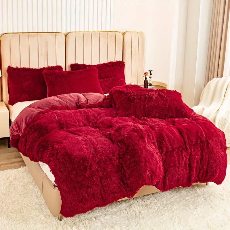 3pcs Multicolor Polyester Long-Hair Duvet Cover Set | Solid Color, Knitted, Zipper Closure, Plush Fabric, All-Season Comfort
