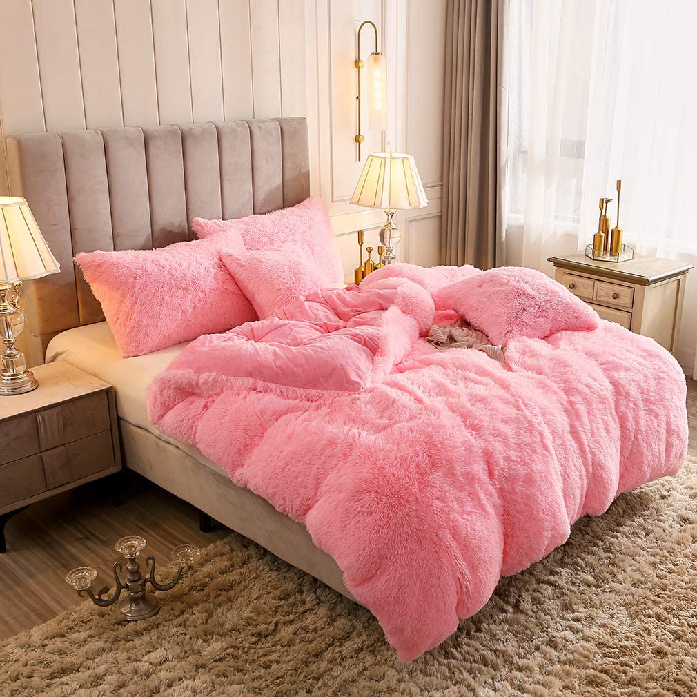 3pcs Multicolor Polyester Long-Hair Duvet Cover Set | Solid Color, Knitted, Zipper Closure, Plush Fabric, All-Season Comfort