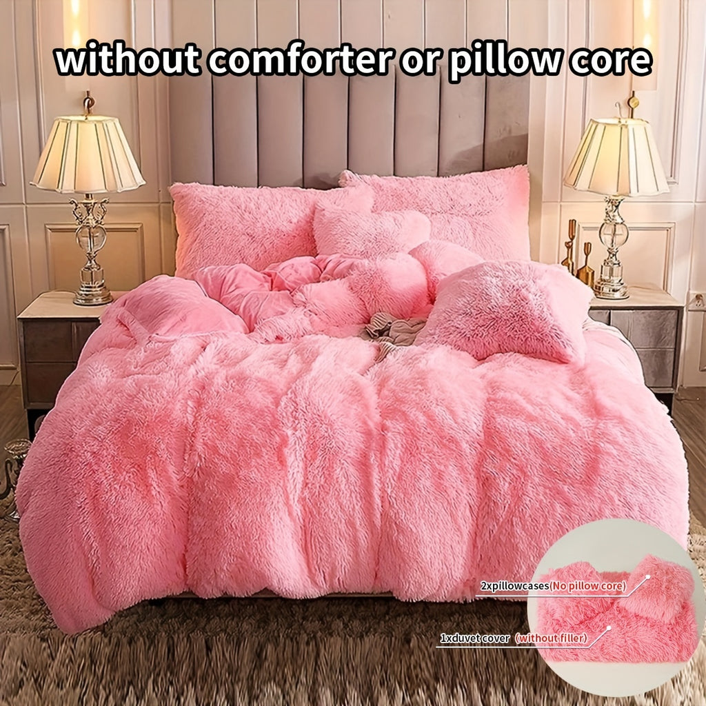 3pcs Multicolor Polyester Long-Hair Duvet Cover Set | Solid Color, Knitted, Zipper Closure, Plush Fabric, All-Season Comfort