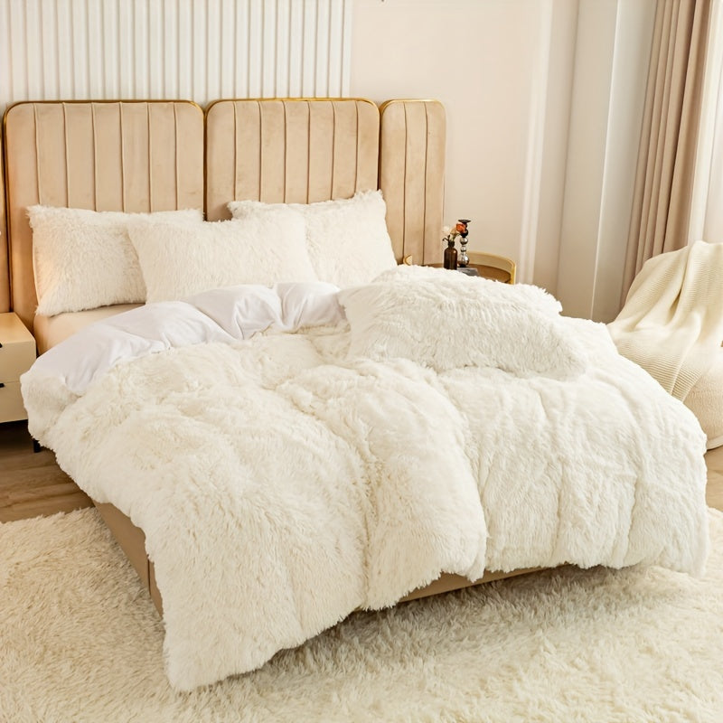 3pcs Multicolor Polyester Long-Hair Duvet Cover Set | Solid Color, Knitted, Zipper Closure, Plush Fabric, All-Season Comfort