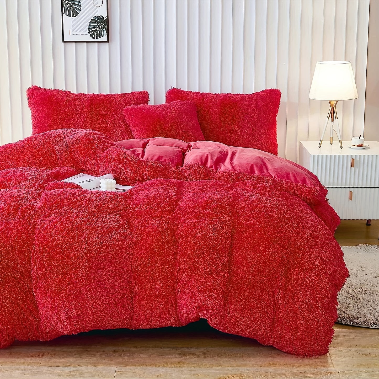 3pcs Multicolor Polyester Long-Hair Duvet Cover Set | Solid Color, Knitted, Zipper Closure, Plush Fabric, All-Season Comfort