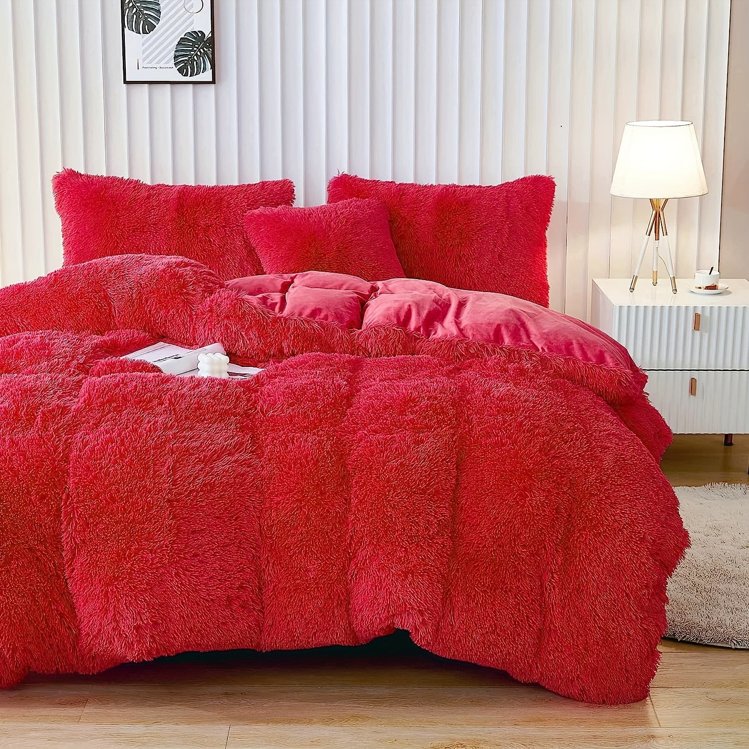 3pcs Multicolor Polyester Long-Hair Duvet Cover Set | Solid Color, Knitted, Zipper Closure, Plush Fabric, All-Season Comfort