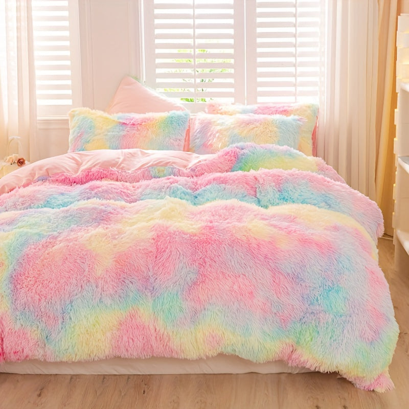 [Tie Dye Duvet Set] 3pcs Y2K Tie Dye Plush Duvet Cover Set - Soft & Warm Bedding Set - 1 Duvet Cover + 2 Pillowcase