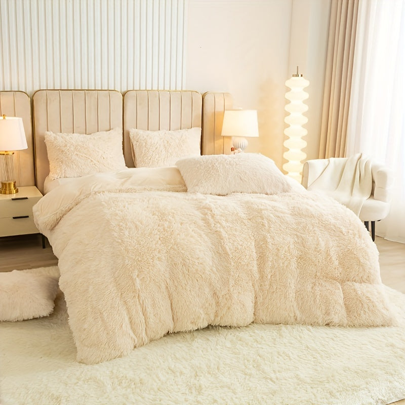 3pcs Multicolor Polyester Long-Hair Duvet Cover Set | Solid Color, Knitted, Zipper Closure, Plush Fabric, All-Season Comfort