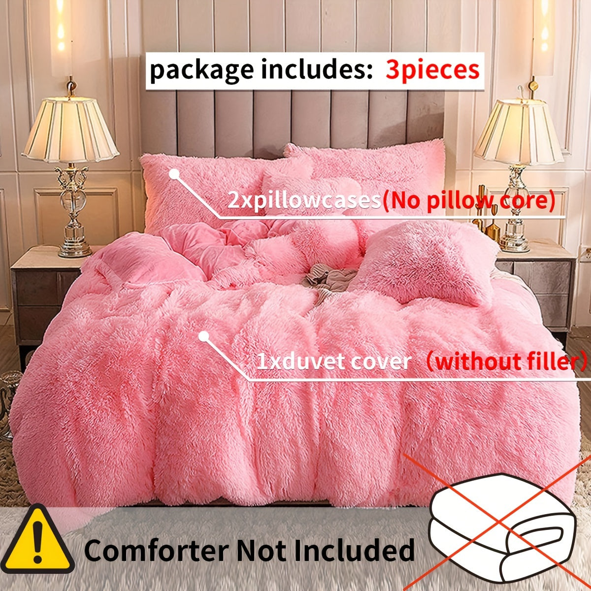 3pcs Multicolor Polyester Long-Hair Duvet Cover Set | Solid Color, Knitted, Zipper Closure, Plush Fabric, All-Season Comfort