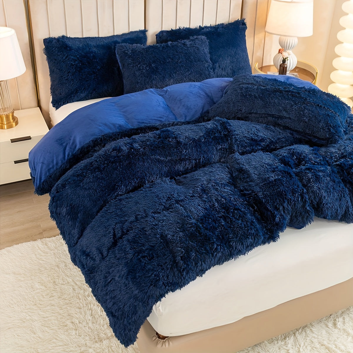 3pcs Multicolor Polyester Long-Hair Duvet Cover Set | Solid Color, Knitted, Zipper Closure, Plush Fabric, All-Season Comfort