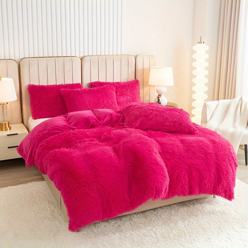 3pcs Multicolor Polyester Long-Hair Duvet Cover Set | Solid Color, Knitted, Zipper Closure, Plush Fabric, All-Season Comfort