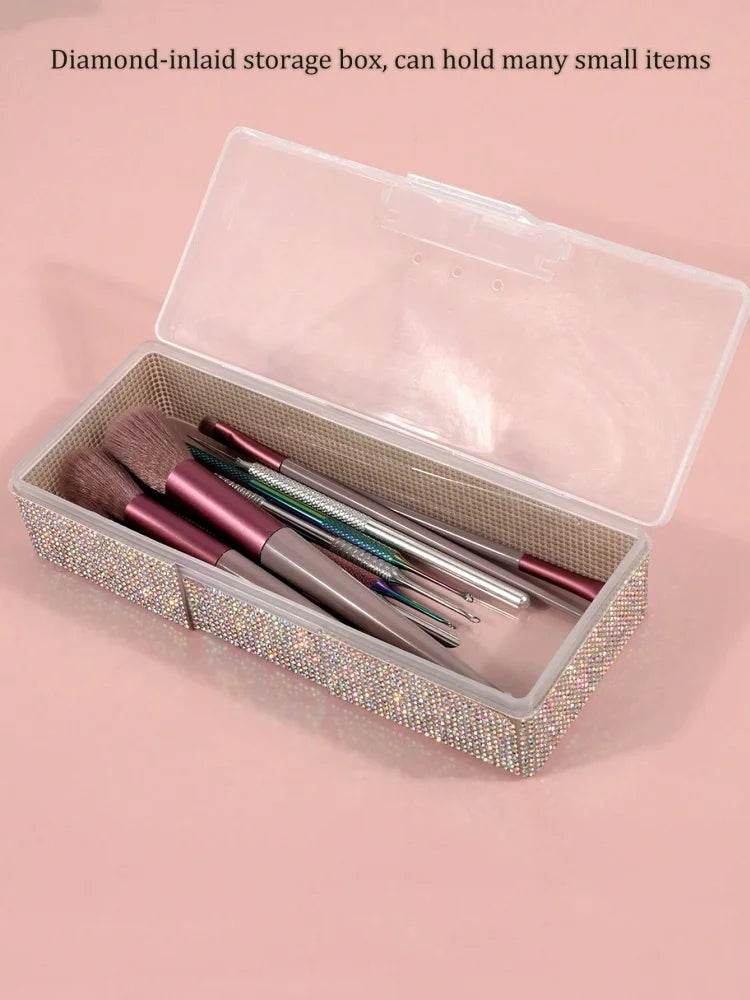 Bling Rhinestone Nail Art Storage Box Empty False Nail Tips Organizer Manicure Tool Case with Shiny Crystal Decoration