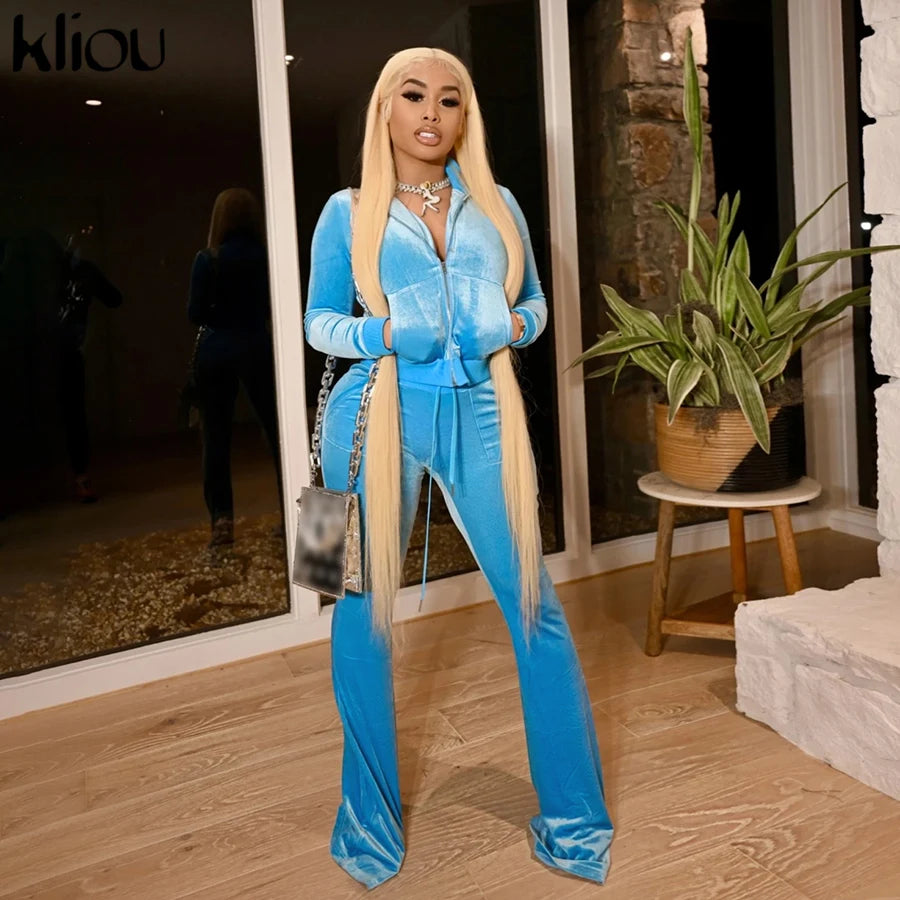 Kliou Solid Velour Two Piece Set Women Simple Casual Zipper Long Sleeve Turtleneck Top+Bandage Lace Slim Female Wide Leg Pants