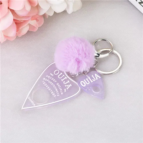 1PC Women Ouija Planchette Keychain Resin Pompom Charms Handbag  Keyring With Puffer Ball Punk Board Crafts