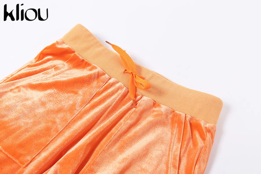 Kliou Solid Velour Two Piece Set Women Simple Casual Zipper Long Sleeve Turtleneck Top+Bandage Lace Slim Female Wide Leg Pants