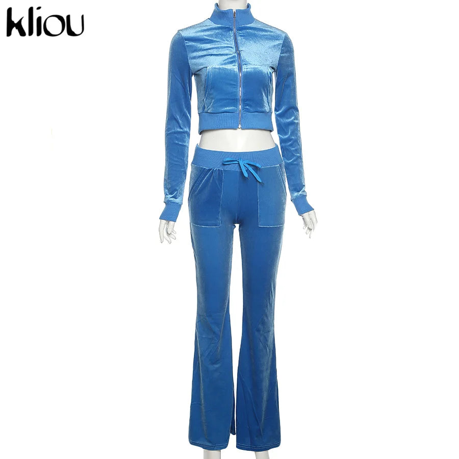 Kliou Solid Velour Two Piece Set Women Simple Casual Zipper Long Sleeve Turtleneck Top+Bandage Lace Slim Female Wide Leg Pants