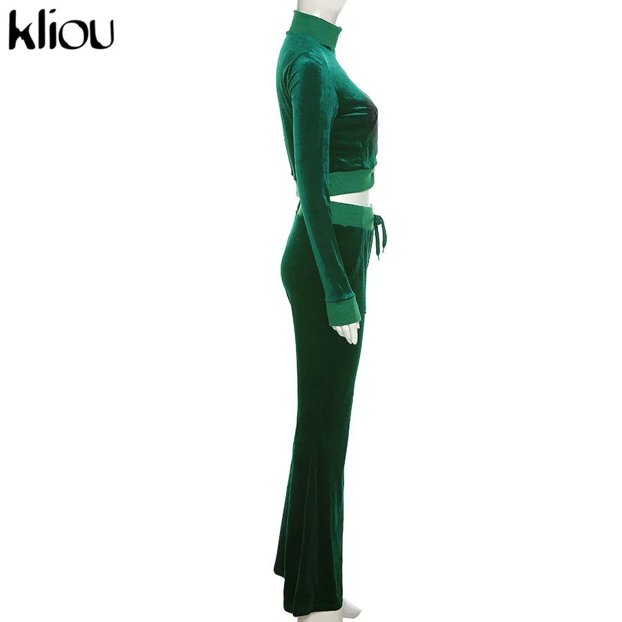 Kliou Solid Velour Two Piece Set Women Simple Casual Zipper Long Sleeve Turtleneck Top+Bandage Lace Slim Female Wide Leg Pants
