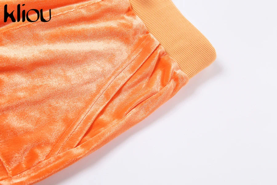 Kliou Solid Velour Two Piece Set Women Simple Casual Zipper Long Sleeve Turtleneck Top+Bandage Lace Slim Female Wide Leg Pants