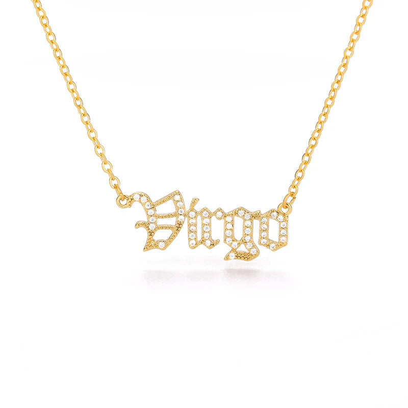 Zircon Letter Constellation Necklace For Women Stainless Steel Girl 12 Zodiac Necklaces Choker Alphabet Jewelry Bijoux Femme BFF