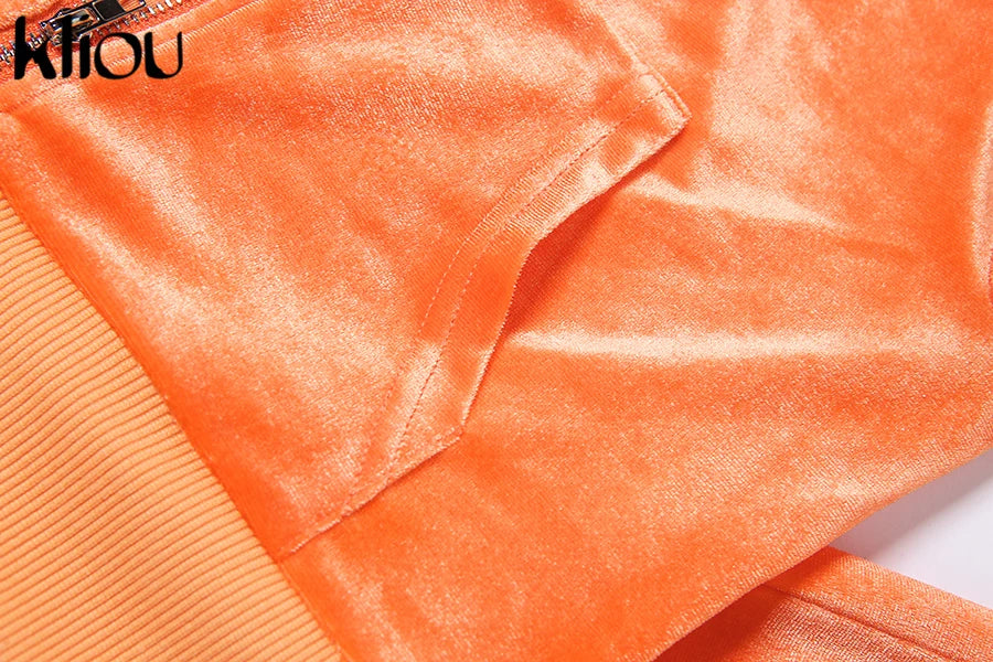 Kliou Solid Velour Two Piece Set Women Simple Casual Zipper Long Sleeve Turtleneck Top+Bandage Lace Slim Female Wide Leg Pants