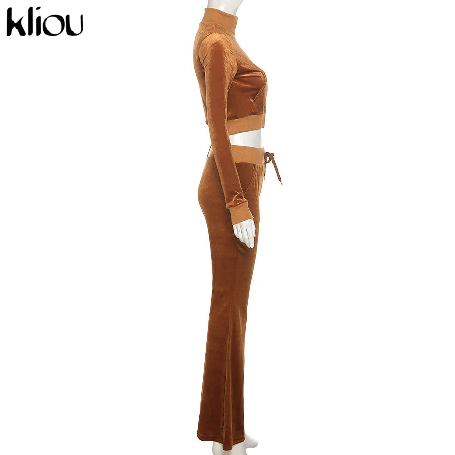 Kliou Solid Velour Two Piece Set Women Simple Casual Zipper Long Sleeve Turtleneck Top+Bandage Lace Slim Female Wide Leg Pants