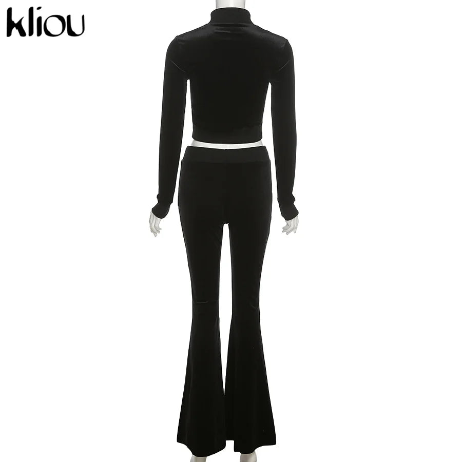 Kliou Solid Velour Two Piece Set Women Simple Casual Zipper Long Sleeve Turtleneck Top+Bandage Lace Slim Female Wide Leg Pants