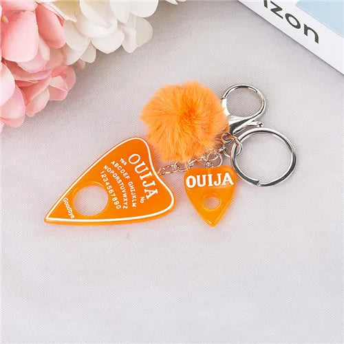 1PC Women Ouija Planchette Keychain Resin Pompom Charms Handbag  Keyring With Puffer Ball Punk Board Crafts