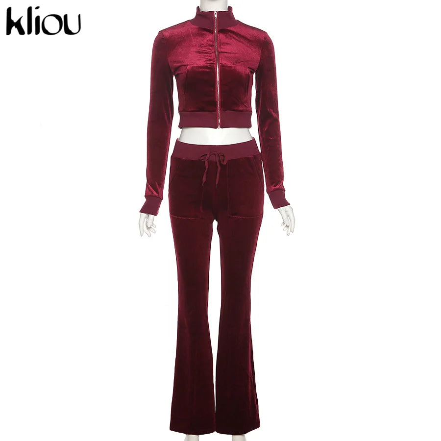 Kliou Solid Velour Two Piece Set Women Simple Casual Zipper Long Sleeve Turtleneck Top+Bandage Lace Slim Female Wide Leg Pants