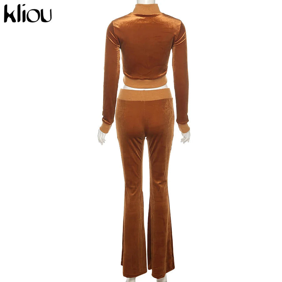 Kliou Solid Velour Two Piece Set Women Simple Casual Zipper Long Sleeve Turtleneck Top+Bandage Lace Slim Female Wide Leg Pants