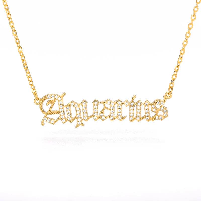 Zircon Letter Constellation Necklace For Women Stainless Steel Girl 12 Zodiac Necklaces Choker Alphabet Jewelry Bijoux Femme BFF