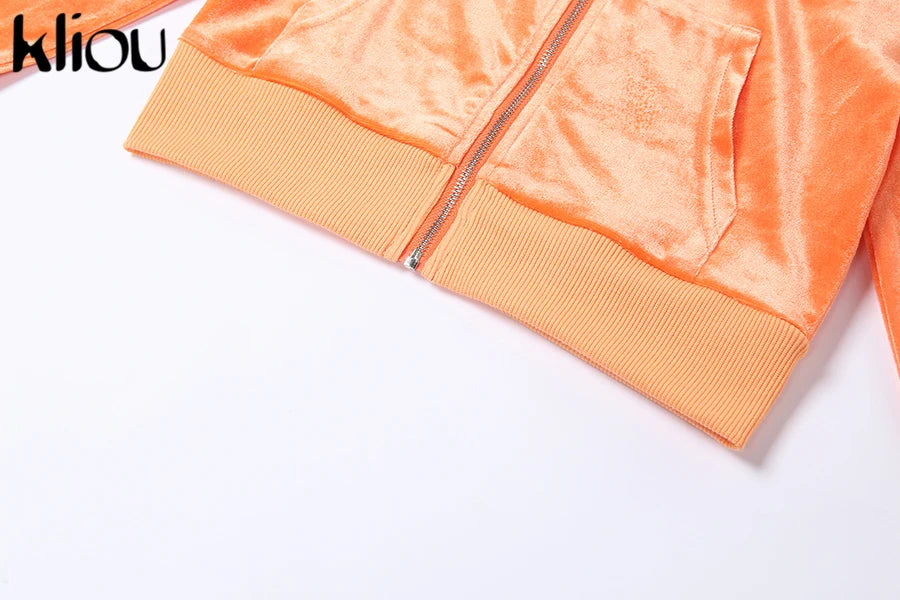 Kliou Solid Velour Two Piece Set Women Simple Casual Zipper Long Sleeve Turtleneck Top+Bandage Lace Slim Female Wide Leg Pants