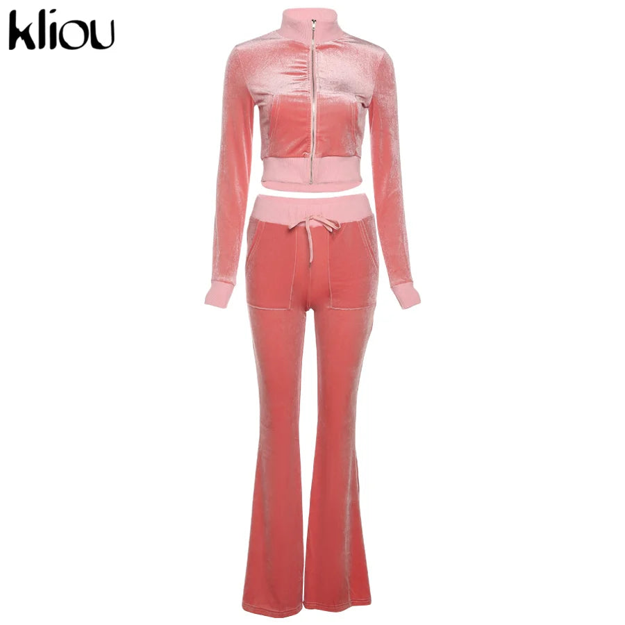 Kliou Solid Velour Two Piece Set Women Simple Casual Zipper Long Sleeve Turtleneck Top+Bandage Lace Slim Female Wide Leg Pants