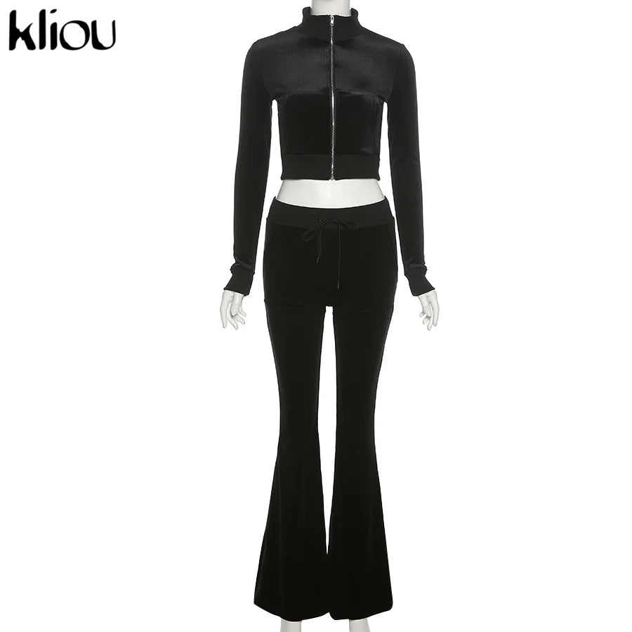 Kliou Solid Velour Two Piece Set Women Simple Casual Zipper Long Sleeve Turtleneck Top+Bandage Lace Slim Female Wide Leg Pants