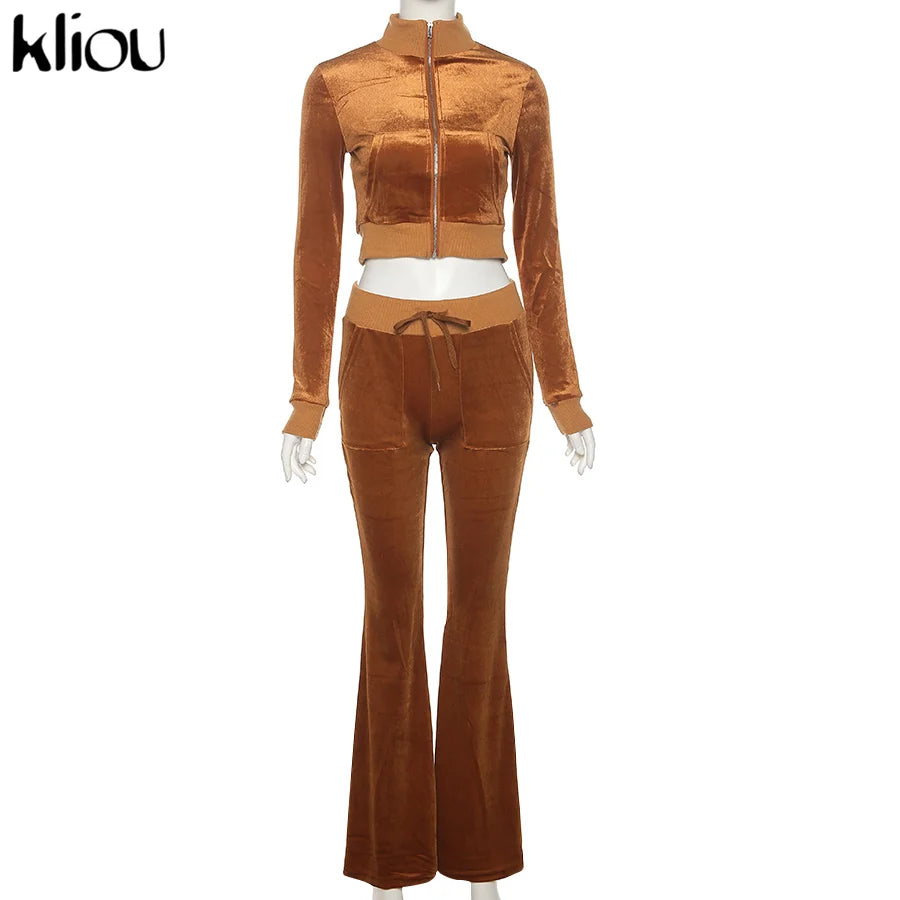 Kliou Solid Velour Two Piece Set Women Simple Casual Zipper Long Sleeve Turtleneck Top+Bandage Lace Slim Female Wide Leg Pants
