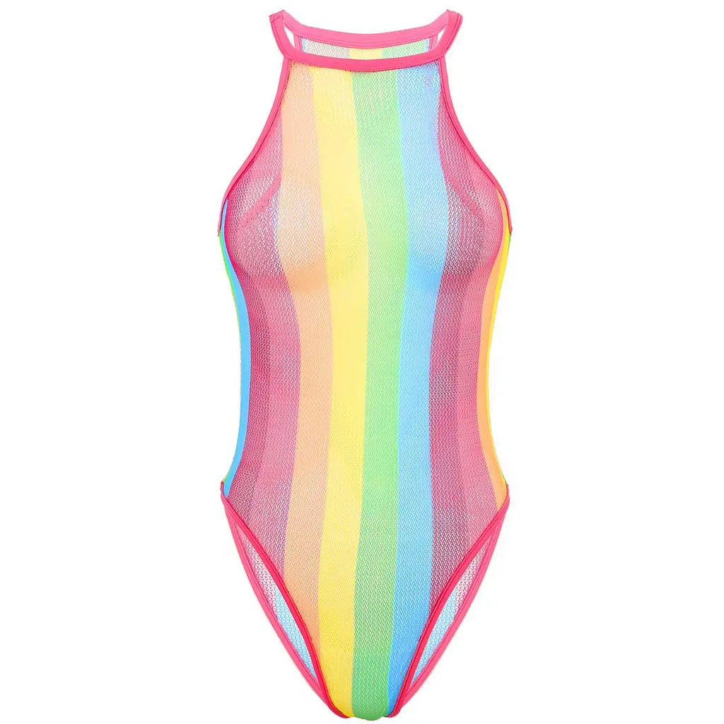 Womens Swimsuits Rave Rainbow Striped Fishnet Swimwear Bikini See Through Mesh Bodysuit Beachwear Dance Festivals Bathing Suit
