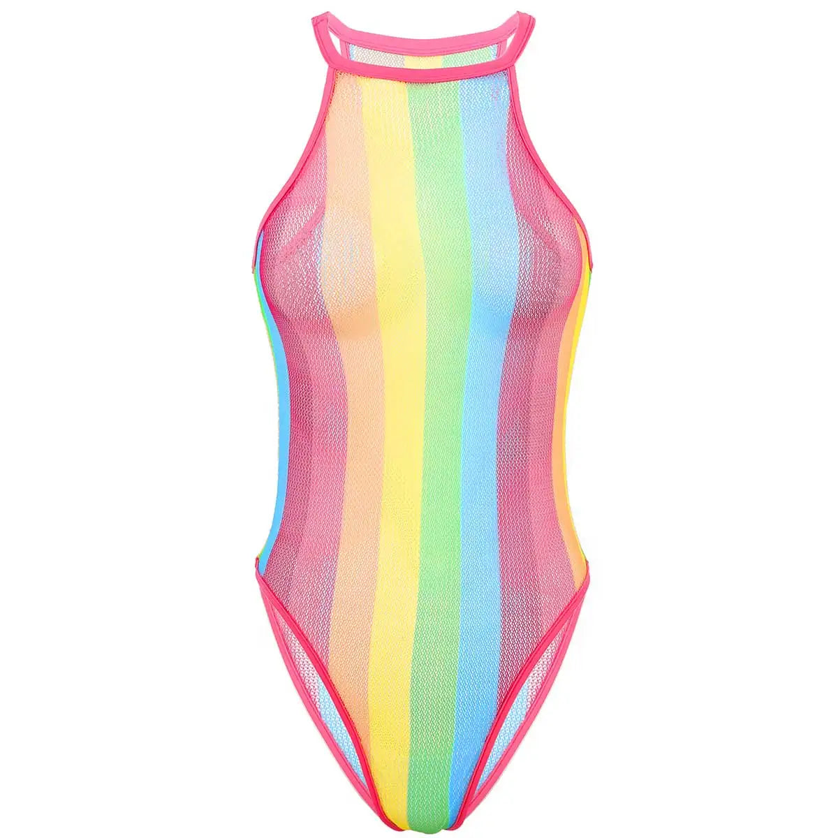 Womens Swimsuits Rave Rainbow Striped Fishnet Swimwear Bikini See Through Mesh Bodysuit Beachwear Dance Festivals Bathing Suit