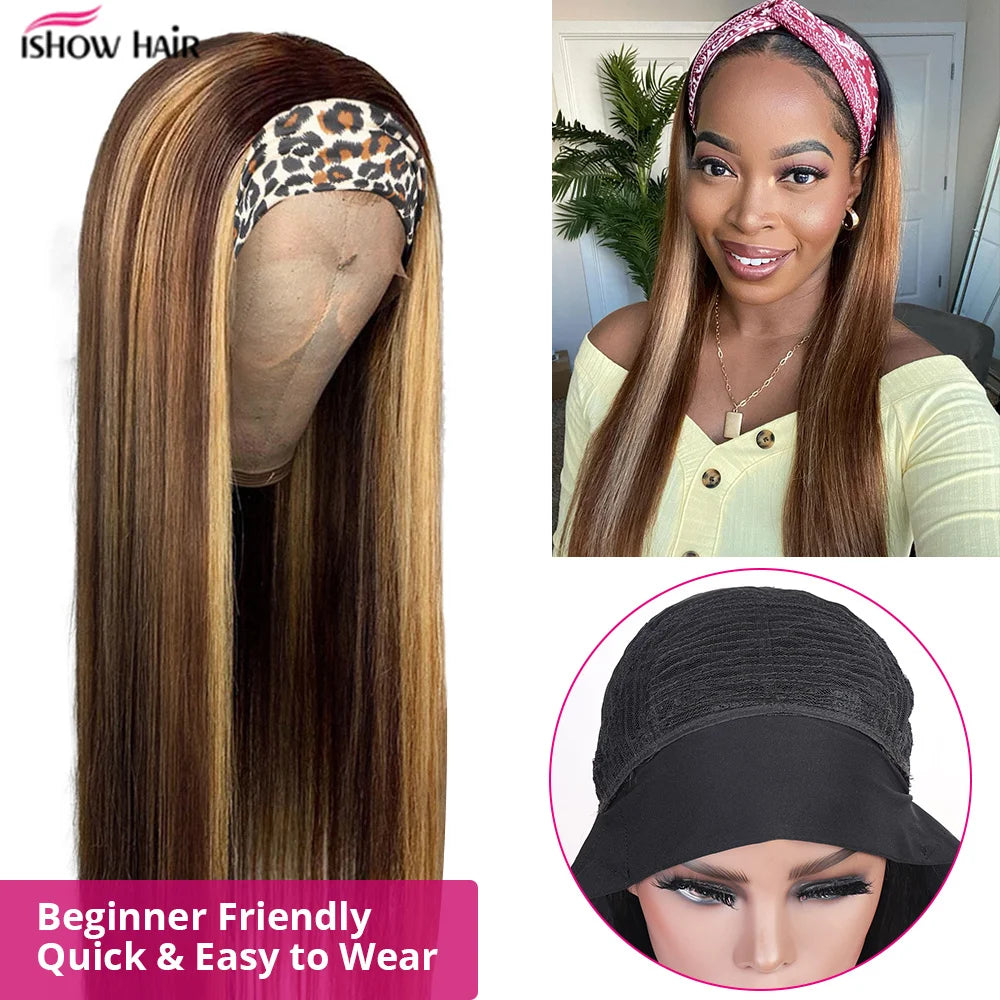 Ishow Highlight Headband Wig Human Hair Wigs For Women P4 27 Colored Straight Human Hair Wigs Brazilian Hair Scarf Wig