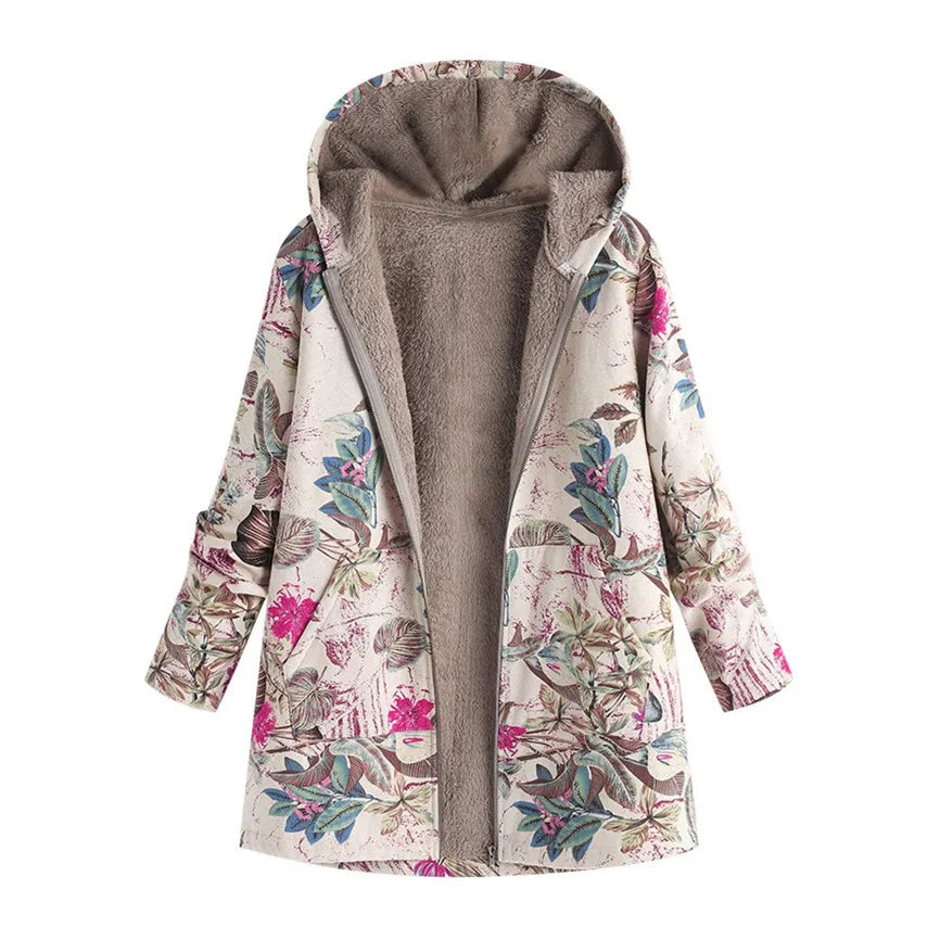 2021 New Women Winter Warm Floral Hooded Jacket Flower Print Hoody Vintage Oversized Coats Winter Padded Jacket Women Parkas