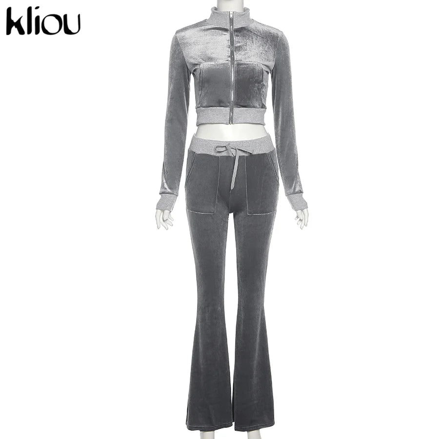 Kliou Solid Velour Two Piece Set Women Simple Casual Zipper Long Sleeve Turtleneck Top+Bandage Lace Slim Female Wide Leg Pants