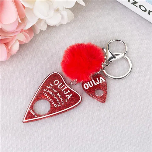 1PC Women Ouija Planchette Keychain Resin Pompom Charms Handbag  Keyring With Puffer Ball Punk Board Crafts