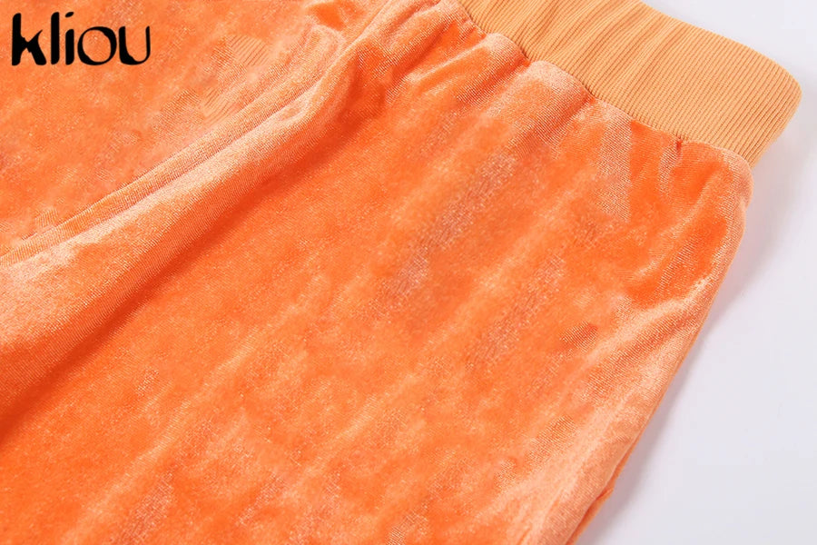 Kliou Solid Velour Two Piece Set Women Simple Casual Zipper Long Sleeve Turtleneck Top+Bandage Lace Slim Female Wide Leg Pants