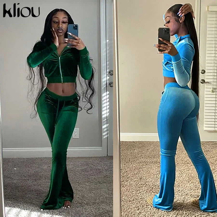 Kliou Solid Velour Two Piece Set Women Simple Casual Zipper Long Sleeve Turtleneck Top+Bandage Lace Slim Female Wide Leg Pants