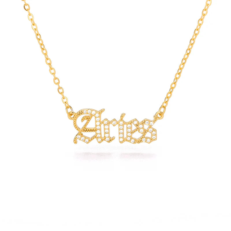 Zircon Letter Constellation Necklace For Women Stainless Steel Girl 12 Zodiac Necklaces Choker Alphabet Jewelry Bijoux Femme BFF