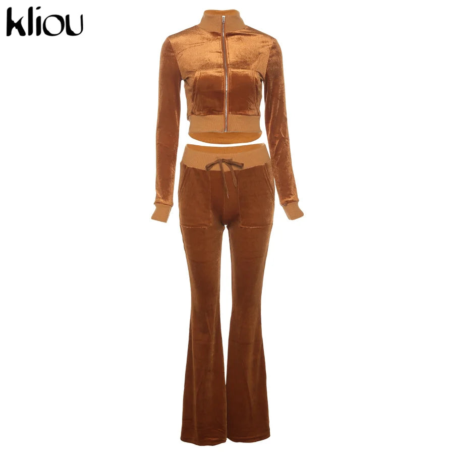 Kliou Solid Velour Two Piece Set Women Simple Casual Zipper Long Sleeve Turtleneck Top+Bandage Lace Slim Female Wide Leg Pants