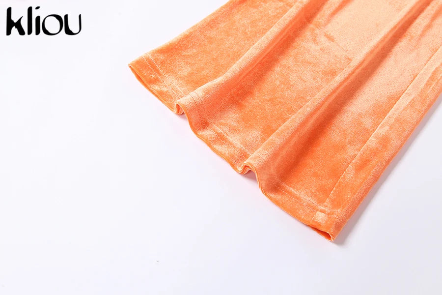 Kliou Solid Velour Two Piece Set Women Simple Casual Zipper Long Sleeve Turtleneck Top+Bandage Lace Slim Female Wide Leg Pants