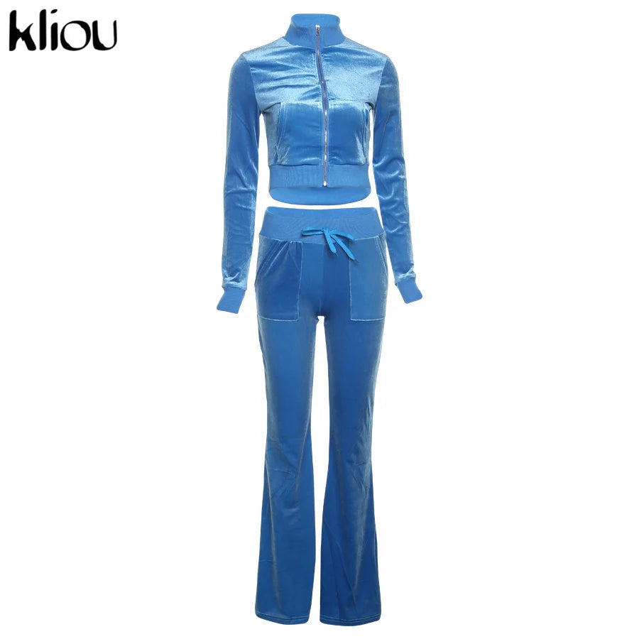 Kliou Solid Velour Two Piece Set Women Simple Casual Zipper Long Sleeve Turtleneck Top+Bandage Lace Slim Female Wide Leg Pants