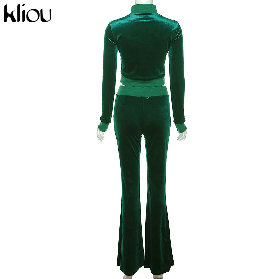Kliou Solid Velour Two Piece Set Women Simple Casual Zipper Long Sleeve Turtleneck Top+Bandage Lace Slim Female Wide Leg Pants