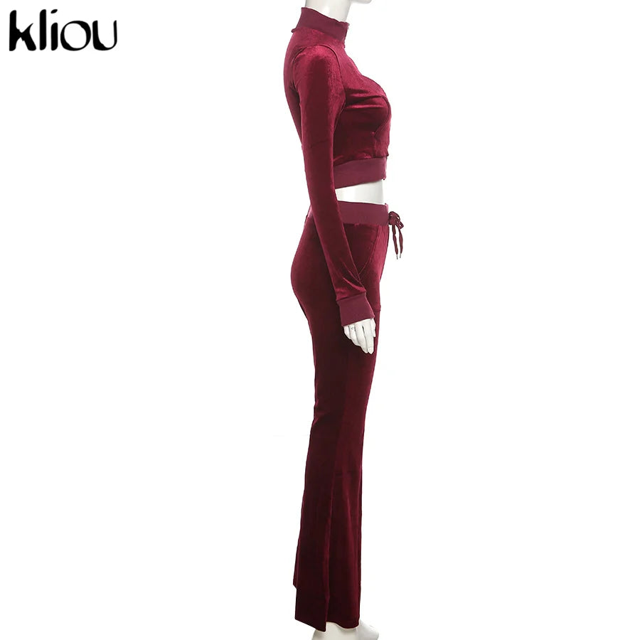 Kliou Solid Velour Two Piece Set Women Simple Casual Zipper Long Sleeve Turtleneck Top+Bandage Lace Slim Female Wide Leg Pants